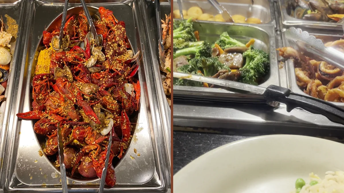 Buffet trays with Chinese entrees and sushi.