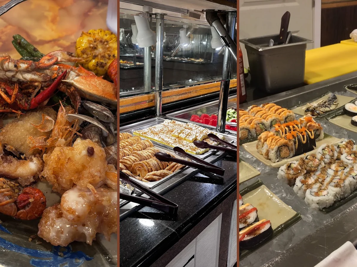 Sushi pieces arranged beside warm buffet trays.