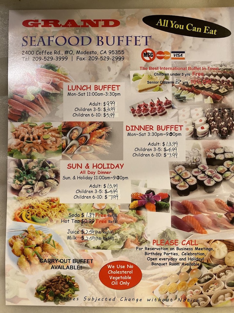 Buffet selection of sushi, crab, and orange chicken.